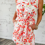 Red Floral Tiered Belted Mini Dress