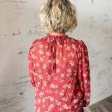 Rust Floral Print Ruffle Neck Blouse