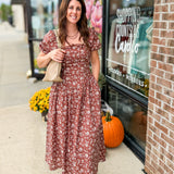 Rust Floral Puff Sleeve Maxi Dress