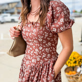 Rust Floral Puff Sleeve Maxi Dress