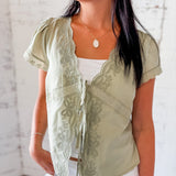 Sage Embroidered Tie-Front Wrap Top