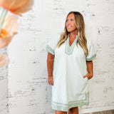 Sage Striped Shift Dress with Contrast Trim