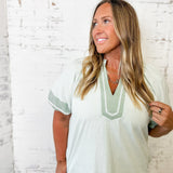 Sage Striped Shift Dress with Contrast Trim