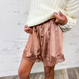 Satin Lace Trim Drawstring Shorts