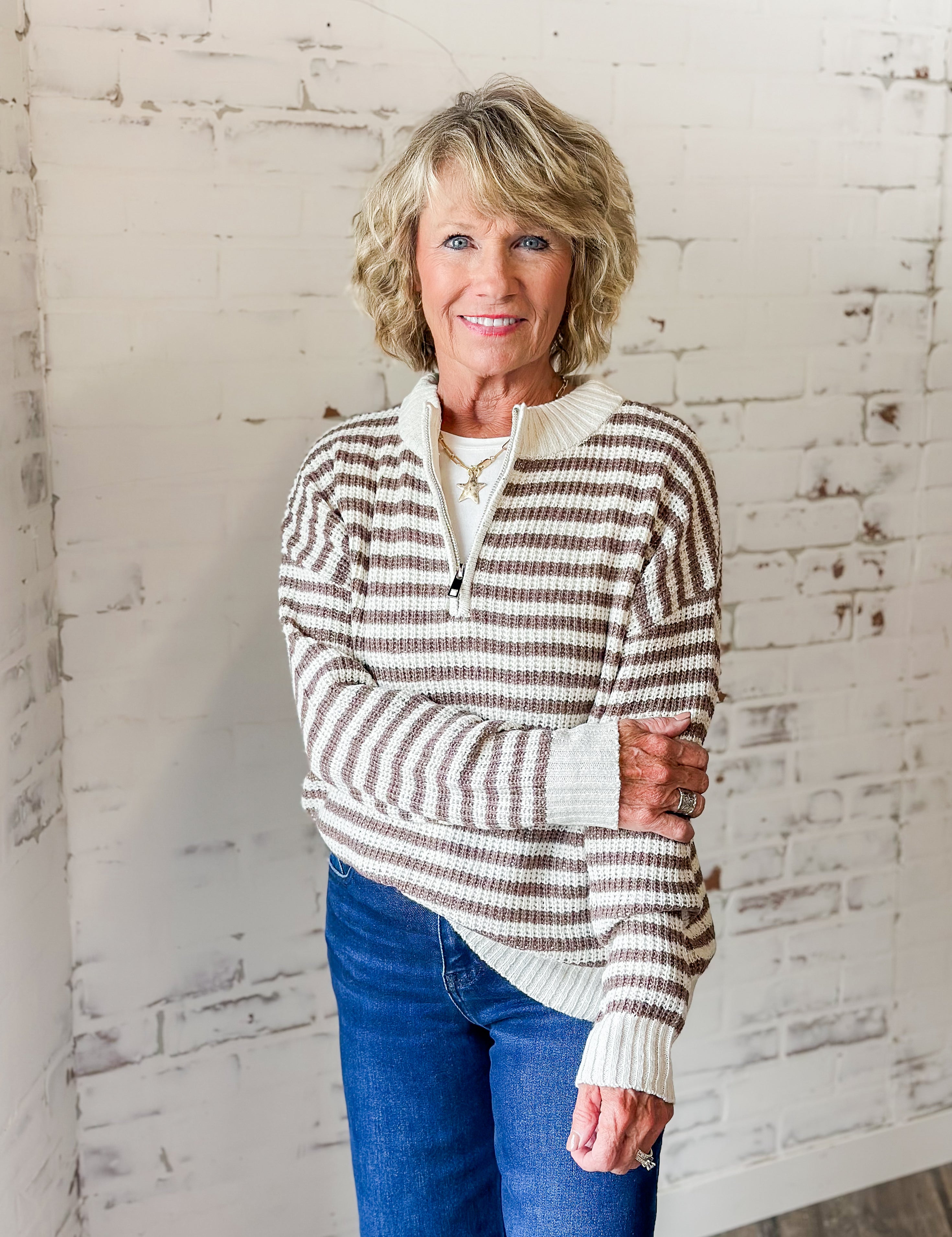 Striped Quarter-Zip Waffle Knit Sweater