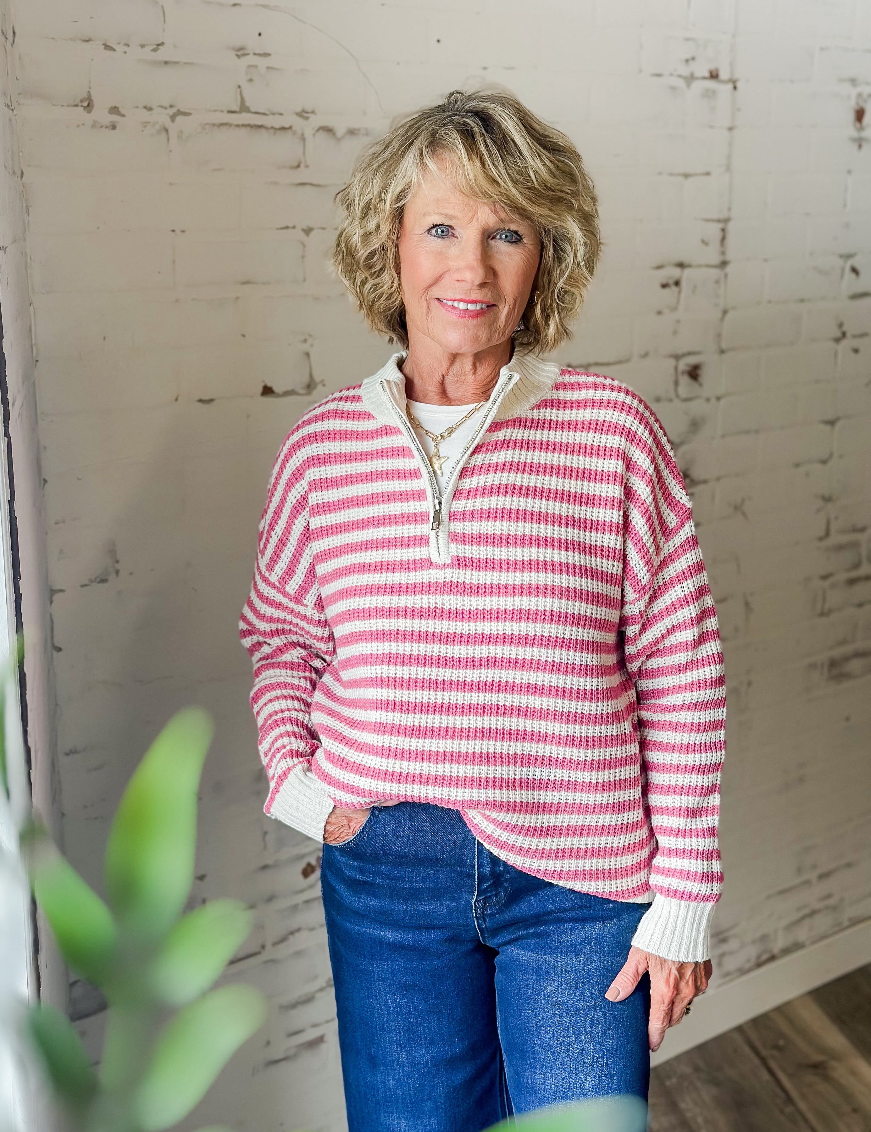 Striped Quarter-Zip Waffle Knit Sweater