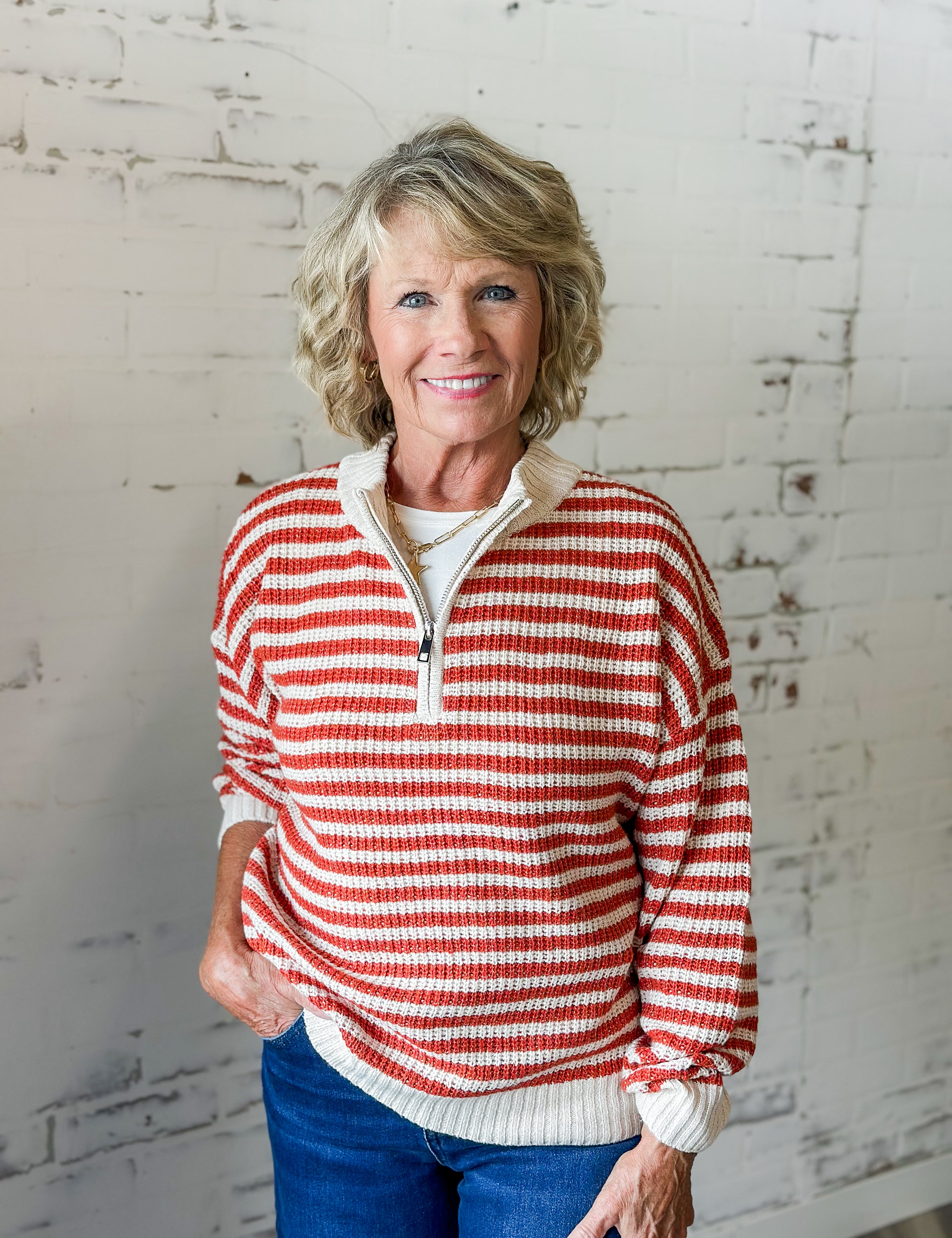 Striped Quarter-Zip Waffle Knit Sweater