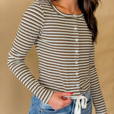 Striped Round Neck Button Top