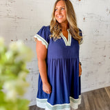Striped Trim Tiered Linen Dress