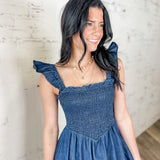 Sweetheart Denim Smocked Midi Dress