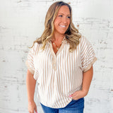 Tan Stripe Contrast Collar Button Top
