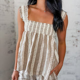 Taupe Striped Print Smocked Two-Piece Set