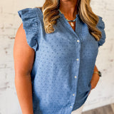 Ruffle Sleeve Swiss Dot Button-Up Top