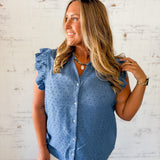 Ruffle Sleeve Swiss Dot Button-Up Top