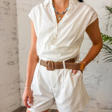 White Linen Blend Button-Down Top