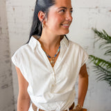 White Linen Blend Button-Down Top