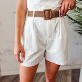 White Linen Blend Pleated Shorts