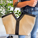 Woven Straw & Leather Trim Tote Bag